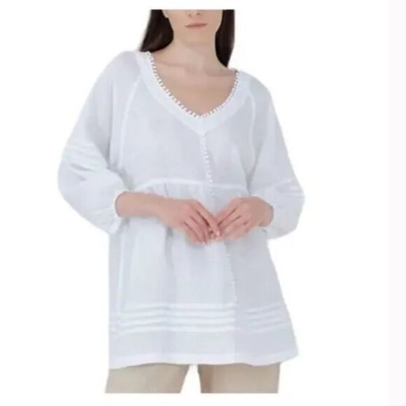Haris Cotton Curve 100% Linen White 3/4 Peasant Langanlook Tunic Size Small - Picture 1 of 9